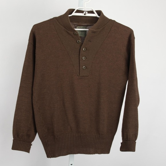 Vintage USGI Military Sweater Mens Large Brown 100% Wool Henley Pullover 90s - Picture 2 of 9
